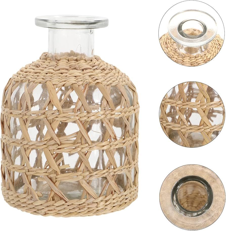 Housoutil 1pc Flower Wicker Vase, Round Decorative Glass Flower Vase with Rattan Cover, Glass Vas... | Amazon (US)