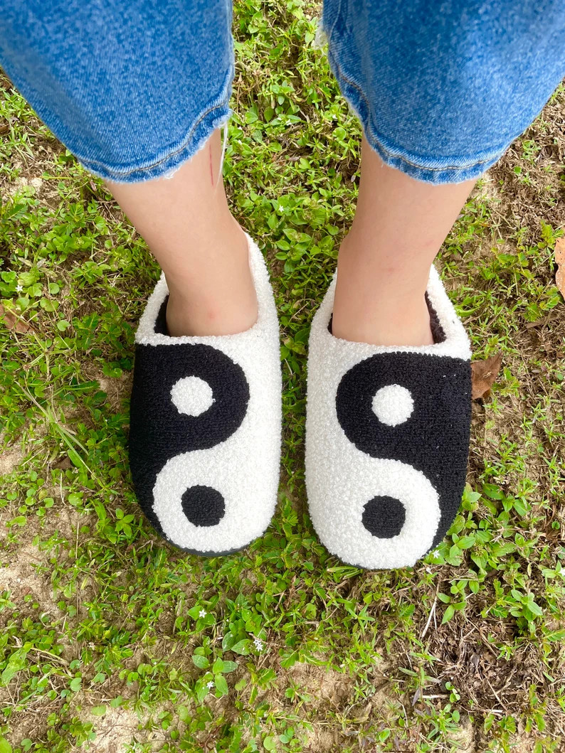 Yin and Yang Hippie Black & White Fluffy Slippers | Etsy (US)