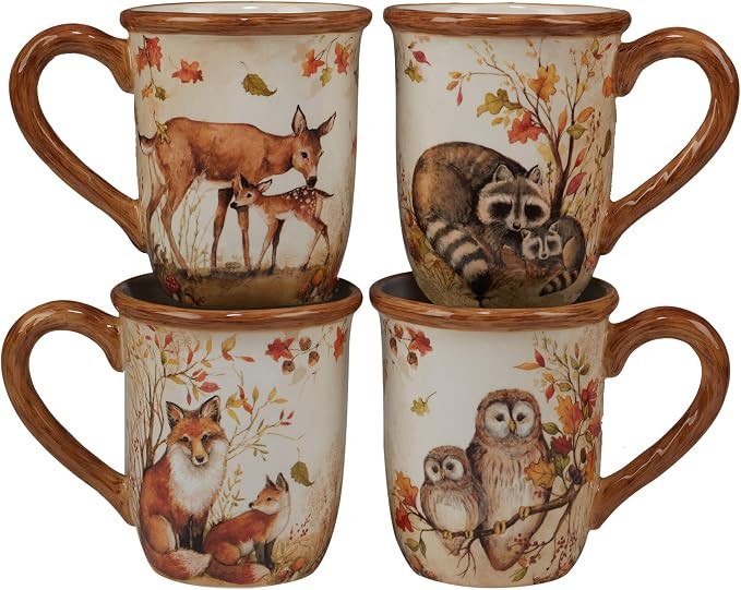 Pine Forest 16 oz. Woodland Ceramic Mugs, Set of 4 – Autumn Wildlife Coffee Cups with Fox, Owl,... | Amazon (US)