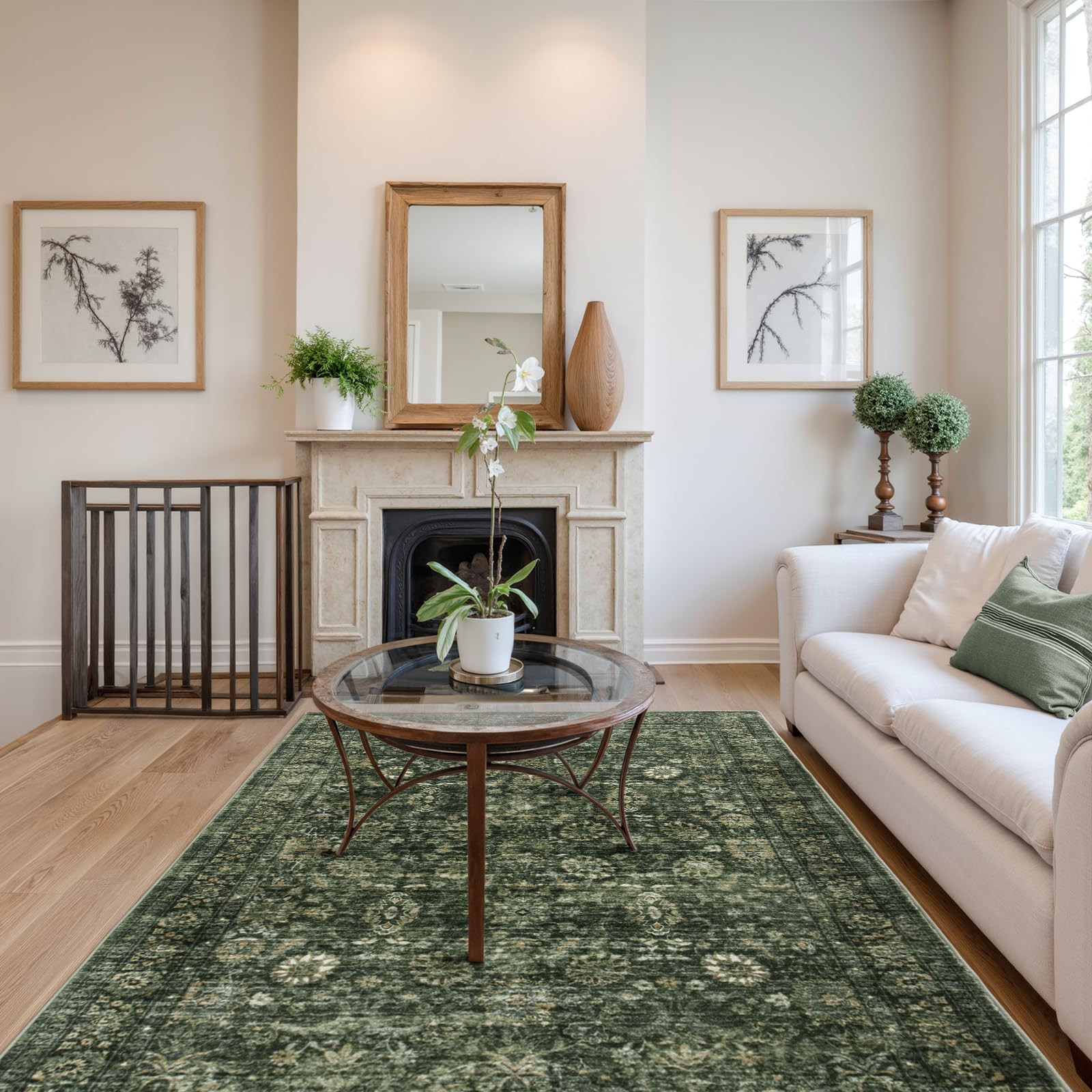 Morebes Washable Green 5x7 Area Rugs, Vintage Soft Bedroom Rug Non Slip, Non-Shedding Distressed ... | Amazon (US)