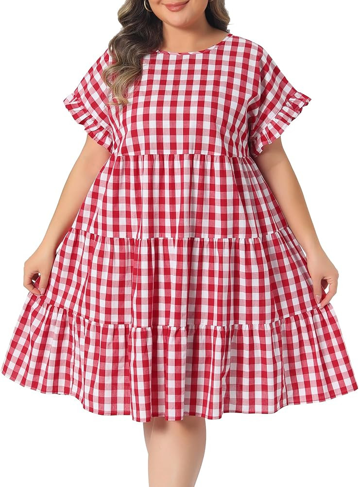 Agnes Orinda Plus Size Gingham Dress1950s Vintage Plaid Round Neck Ruffle Sleeve Tiered Babydoll ... | Amazon (US)