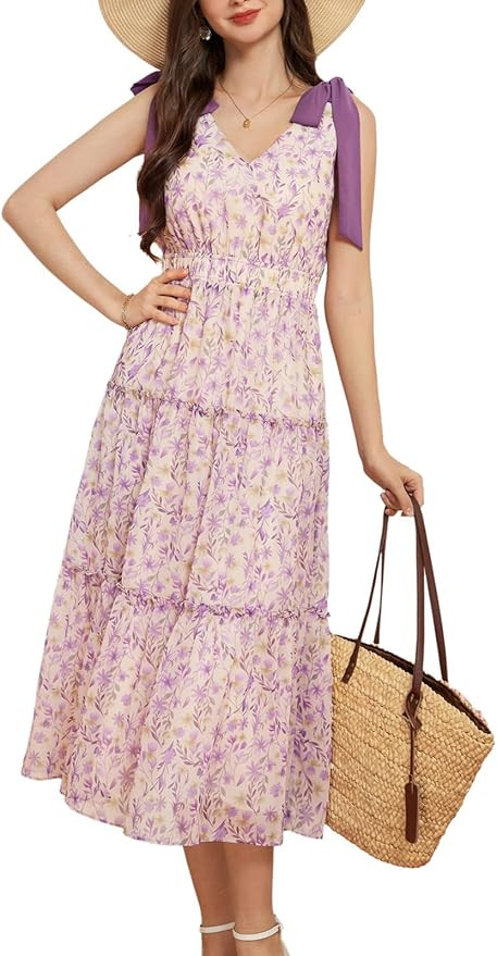 GRACE KARIN Floral Dress for Women Summer Casual Flowy Long V Neck Sundress Sleeveless Tiered Bea... | Amazon (US)