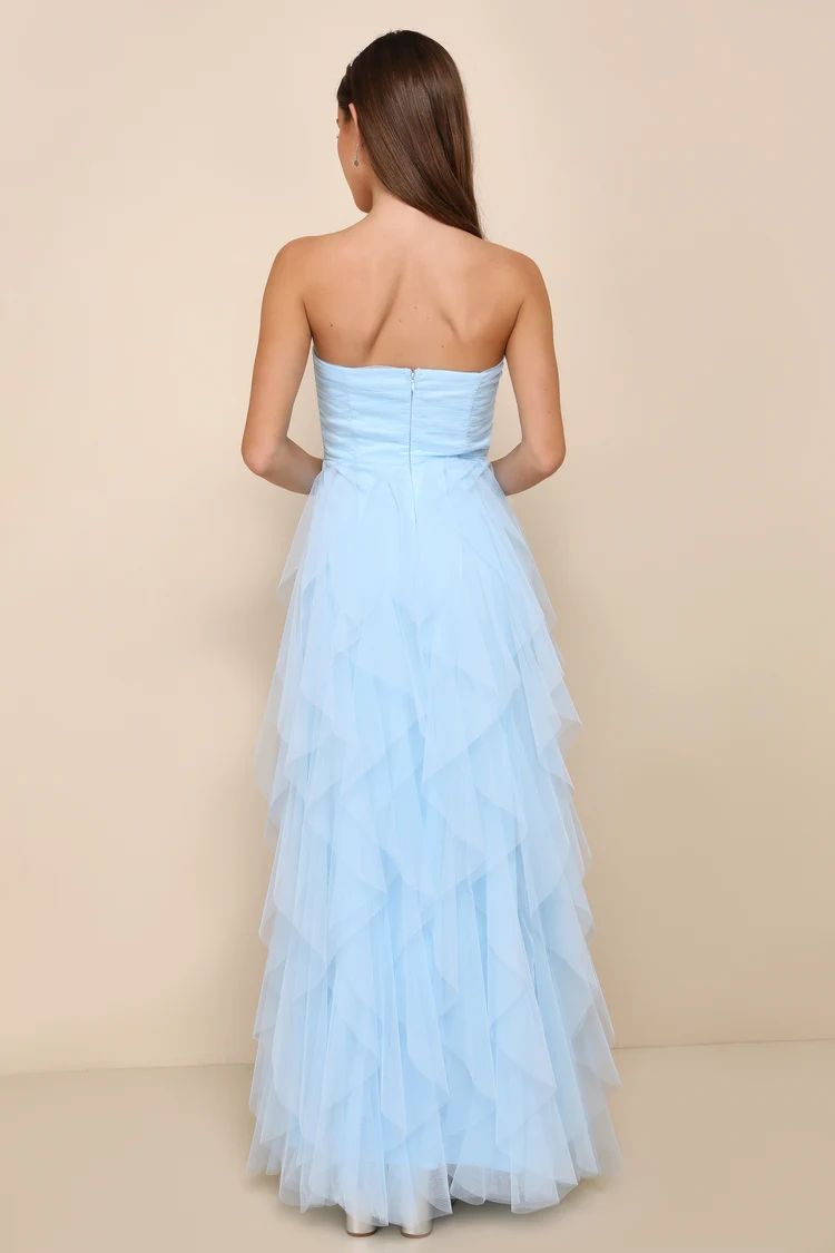 Delightful Beauty Blue Mesh Strapless Ruched Ruffled Maxi Dress | Lulus