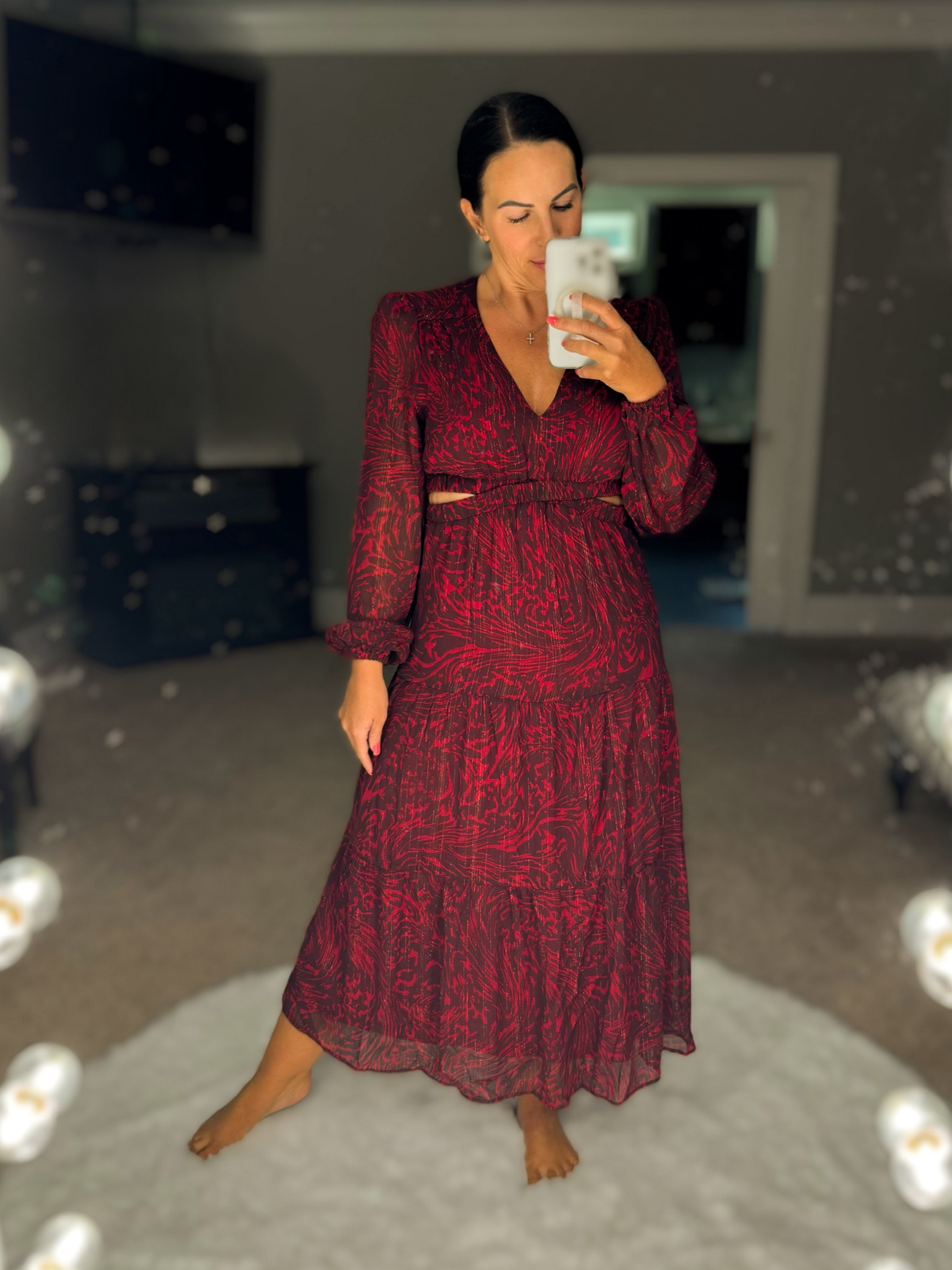 Fall wedding or even a holiday party this maxi hits the mark. Featuring a v neck, cut out sides and a good thread it is classy and elegant. Wearing a small and under $40!

#LTKStyleTip #LTKFindsUnder50 #LTKWedding