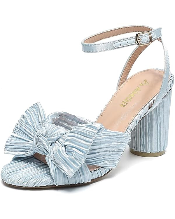 Amoji Women's Satin Block Heeled 3 Inch-4 Inch Sandal Bowknot Pleated Ankle Strap for Wedding Par... | Amazon (US)
