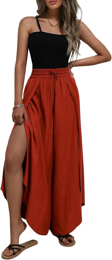 HUHOT Women'S Linen Wide Leg Pants Elastic Drawstring High Waisted Tie Front Side Split Casual Lo... | Amazon (US)