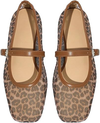Milumia Women's Leopard Print Mesh Ballet Flats Trendy Square Closed Toe Maryjane Flat Shoes | Amazon (US)