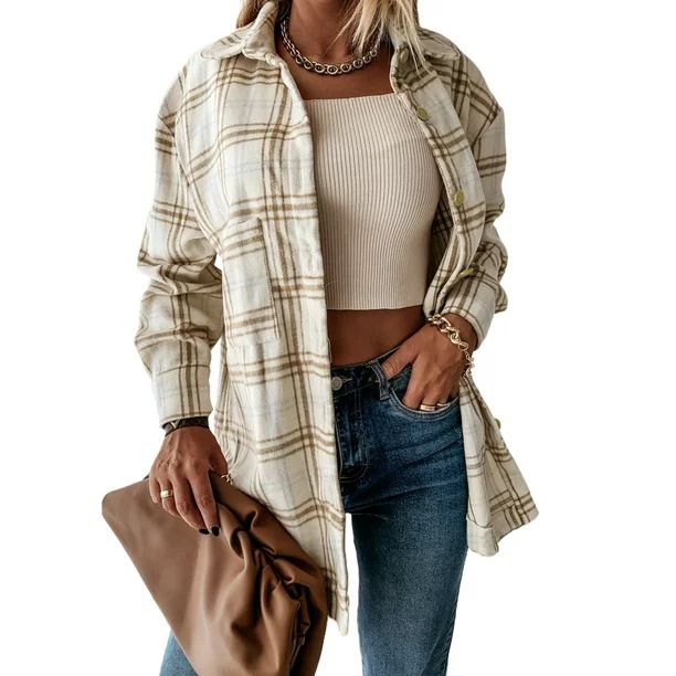 Rosfancy Women Plaid Shirt Jacket Shaket Long Sleeve Lapel Collar Coat Top Button Down Outwear Ou... | Walmart (US)