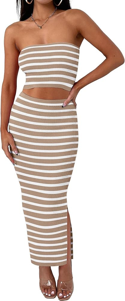 ANRABESS Women 2 Piece Outfits Maxi Skirt Sets 2025 Summer Ribbed Knit Tube Crop Tops Sexy Bodyco... | Amazon (US)