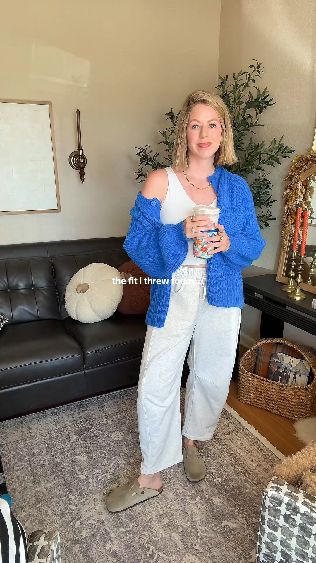 Blue oversized cardigan barrel leg sweatpants Birkenstock Boston clogs iced coffee koozie

#LTKShoeCrush #LTKSeasonal