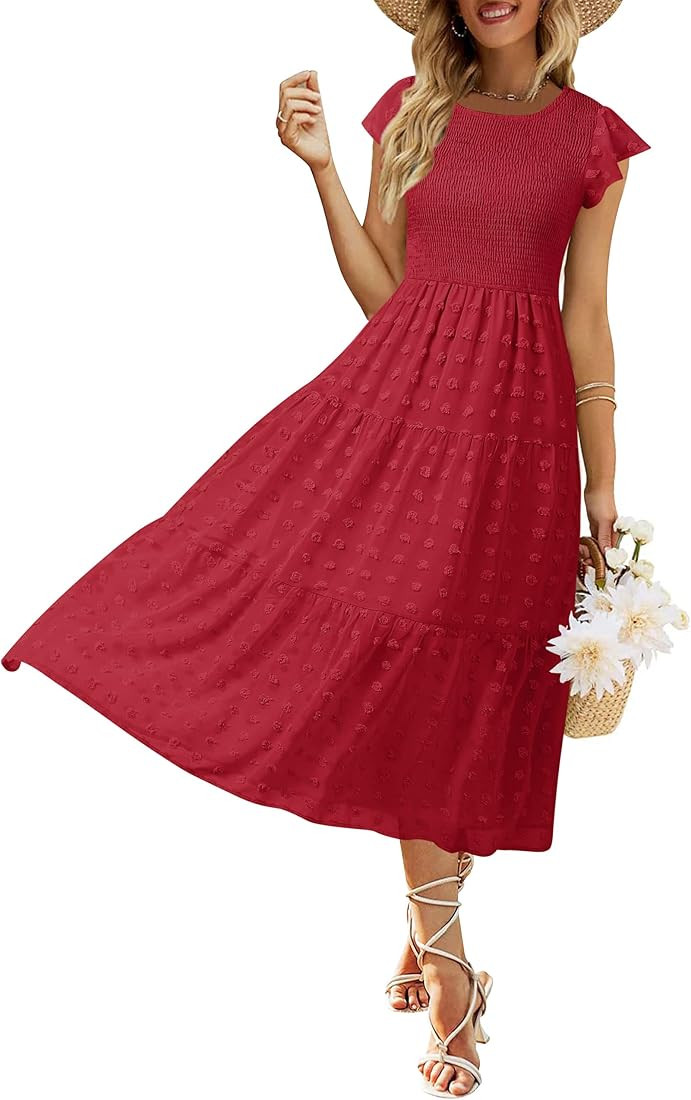 MEROKEETY Women's Summer Flutter Short Sleeve Smocked Midi Dress Swiss Dot Flowy Tiered Dresses | Amazon (US)