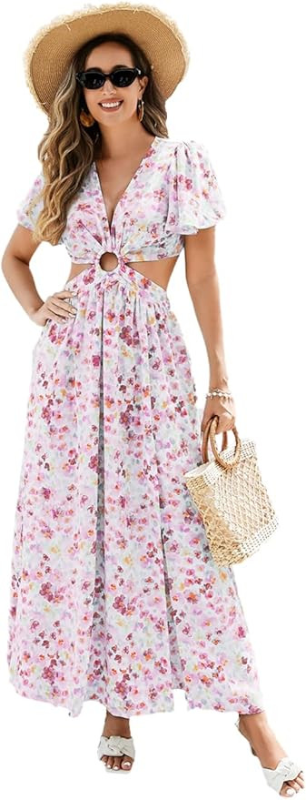 Women Floral Print Cut-Out Maxi Dress Elegant Polyester Summer Dress for Women Travel Vacation | Amazon (US)