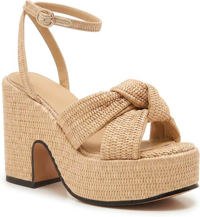 Women\u2019s Raffia Platform Sandals with Cross Knotted Woven Upper, Open Toe Block Heel, Adjusta... | Amazon (US)
