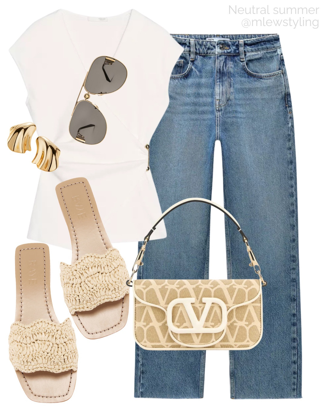 Chic summer outfit ✨

Tags: Valentino bag, raye slide sandals, new-in Zara jeans, Versace aviator sunglasses, gold Jenny bird sunglasses, neutral aesthetic, elevated outfit

#LTKStyleTip #LTKItBag #LTKShoeCrush