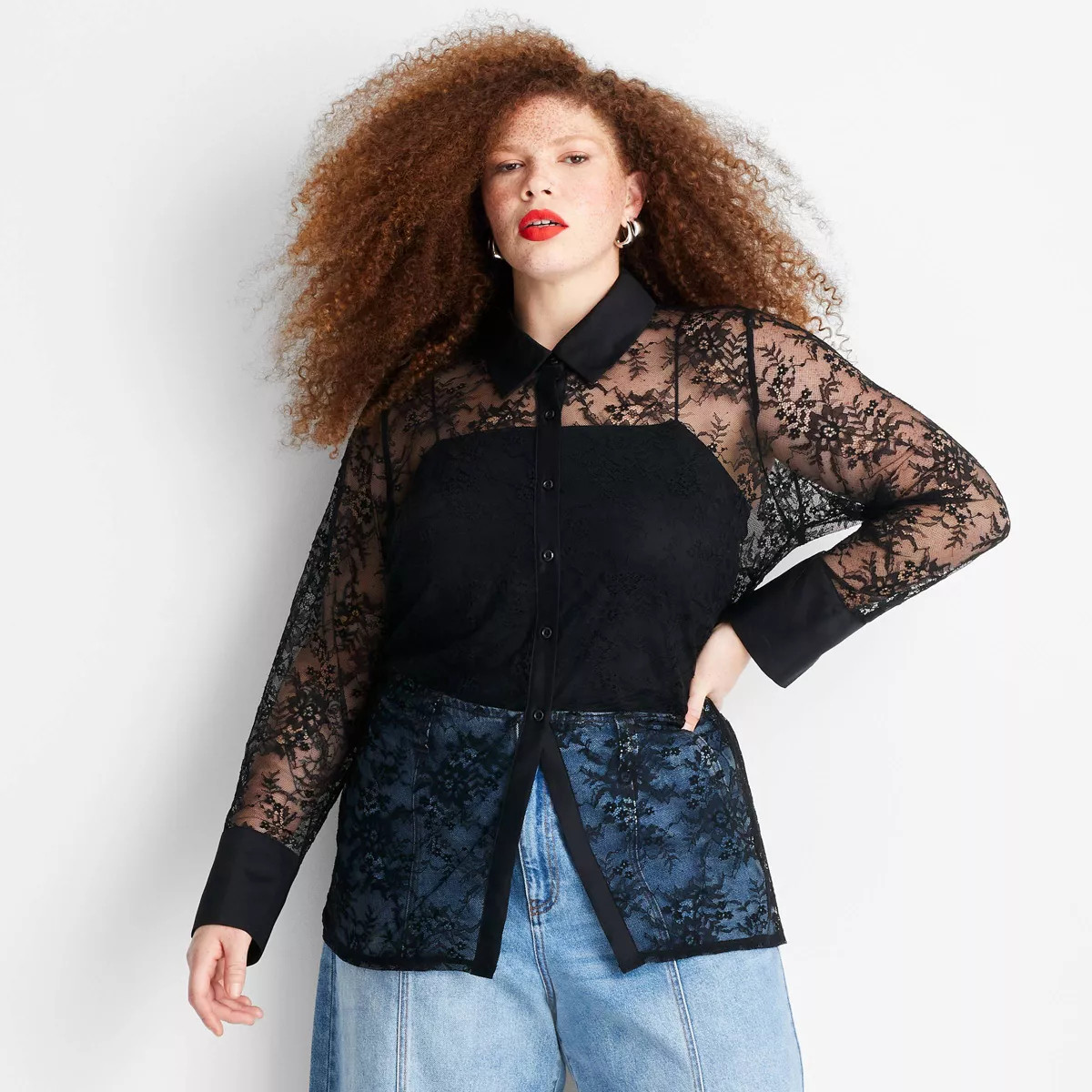 Women's Long Sleeve Collared Sheer Lace Button-Down Shirt - Future Collective Black | Target
