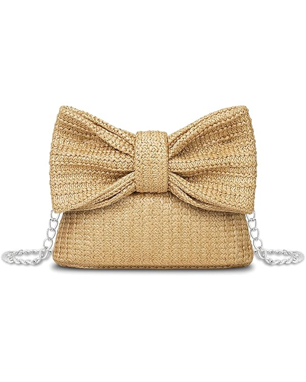 Straw Clutch Purse with Big Bow Handle Bag Summer Straw Handbag Beach Tote Woven Evening Bag for ... | Amazon (US)
