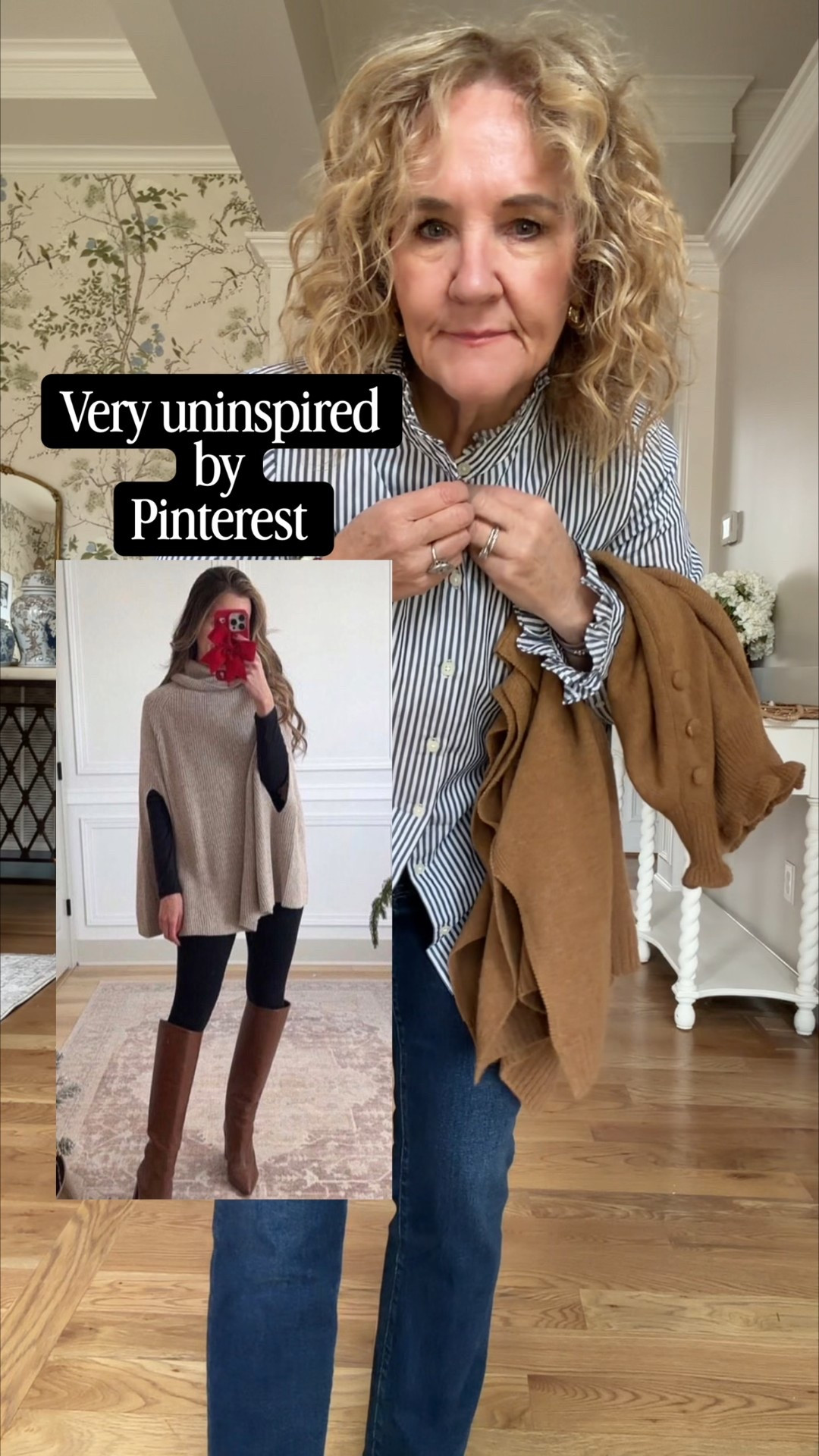 Thoughts on the tall boots and jeans? I think this poncho and tailored blouse is a fresh take! 
Boots I ordered a 9. I’m usually a 9.5 
Blouse size medium 
35% off my jewelry Allie & Bess NANETTE35

Winter outfit poncho black boots @quince @jcrewfactory

#LTKSaleAlert #LTKOver40 #LTKSeasonal