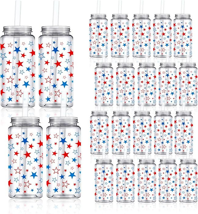 Whaline 20 Pcs Patriotic Plastic Cups with Lids and Straws Clear Party Drinking Cups Red Blue Sta... | Amazon (US)