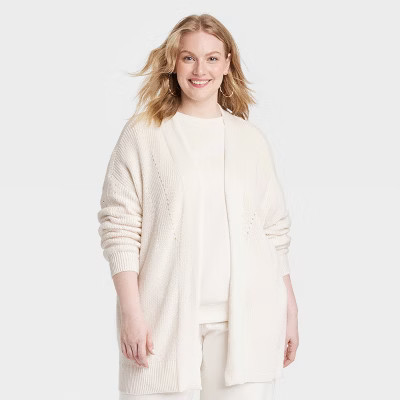 Women's Cardigan Sweater - Universal Thread™ Cream XXL: Cotton, Midweight, Open Front, Textured Stitching, Long Sleeve | Target