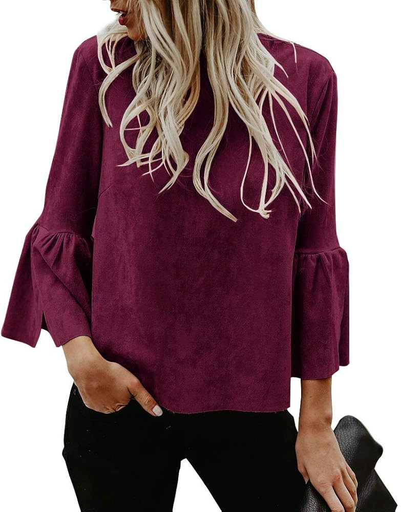 Bigyonger Womens Blouses Flare Bell 3/4 Sleeves Faux Suede Tunic Shirt Tops | Amazon (US)