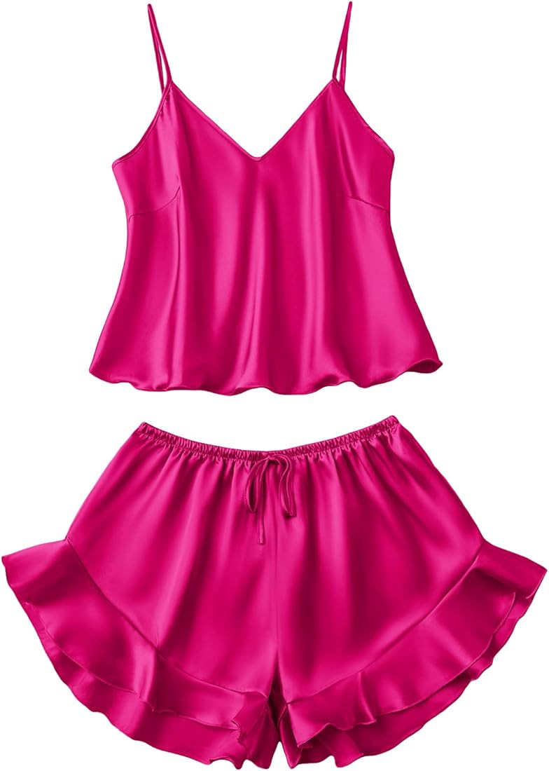 SOLY HUX Women's Sexy Silk Satin Ruffled Pajamas Sets Cami Shorts Sets Sleepwear | Amazon (US)