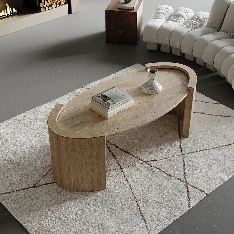 42" Japandi Travertine Coffee Table with Oval Beige Stone Top | Homary