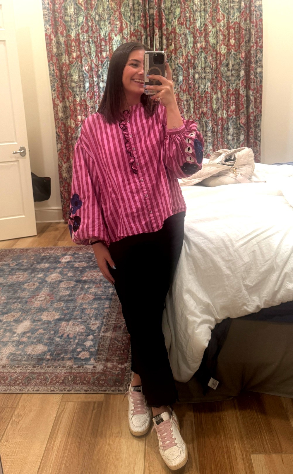 My first Nuuly outfit of the month, I’m loving this Sissel Edelbo, Patricia Puff Sleeve top! 💕✨ embroidered sleeves+pink+ruffles, I’m in heaven!!!!! 

#LTKMidsize #LTKWorkwear #LTKShoeCrush