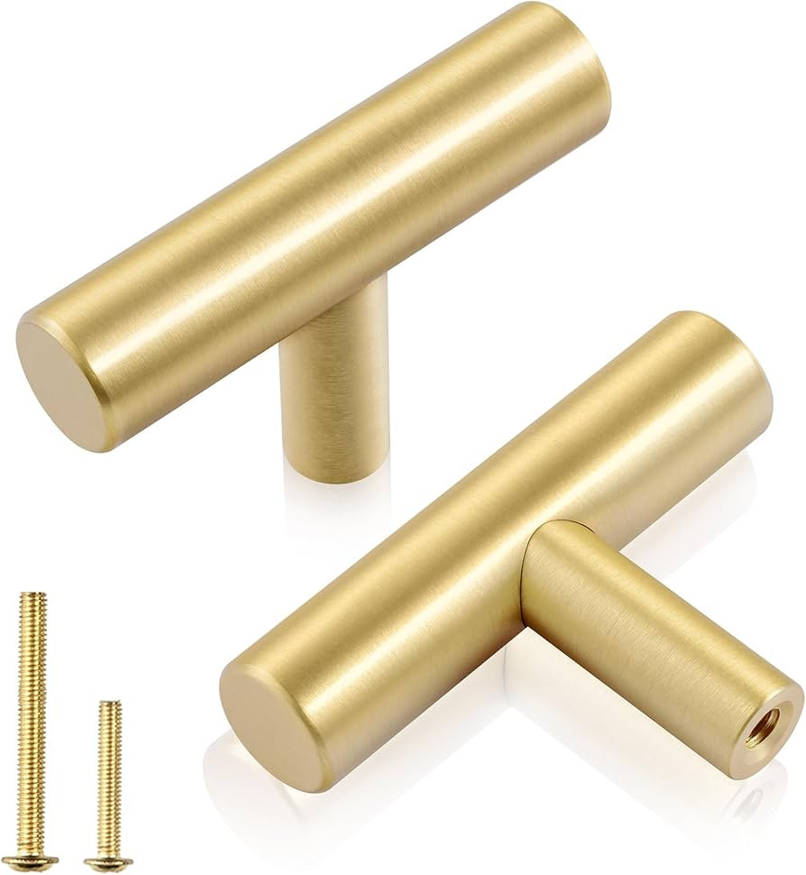QOGRISUN 10-Pack Solid Brass Cabinet Knobs, Gold Euro Style T Bar Pulls, Single Hole Handles for ... | Amazon (US)