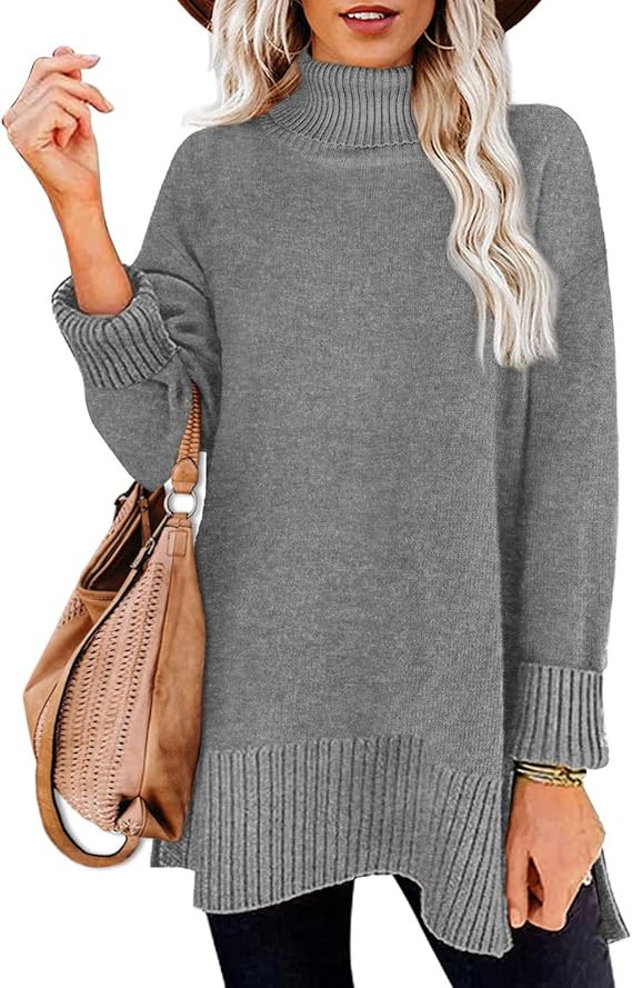 Glanzition Sweaters for Women Turtleneck Side Split Oversized Pullover Tops | Amazon (US)