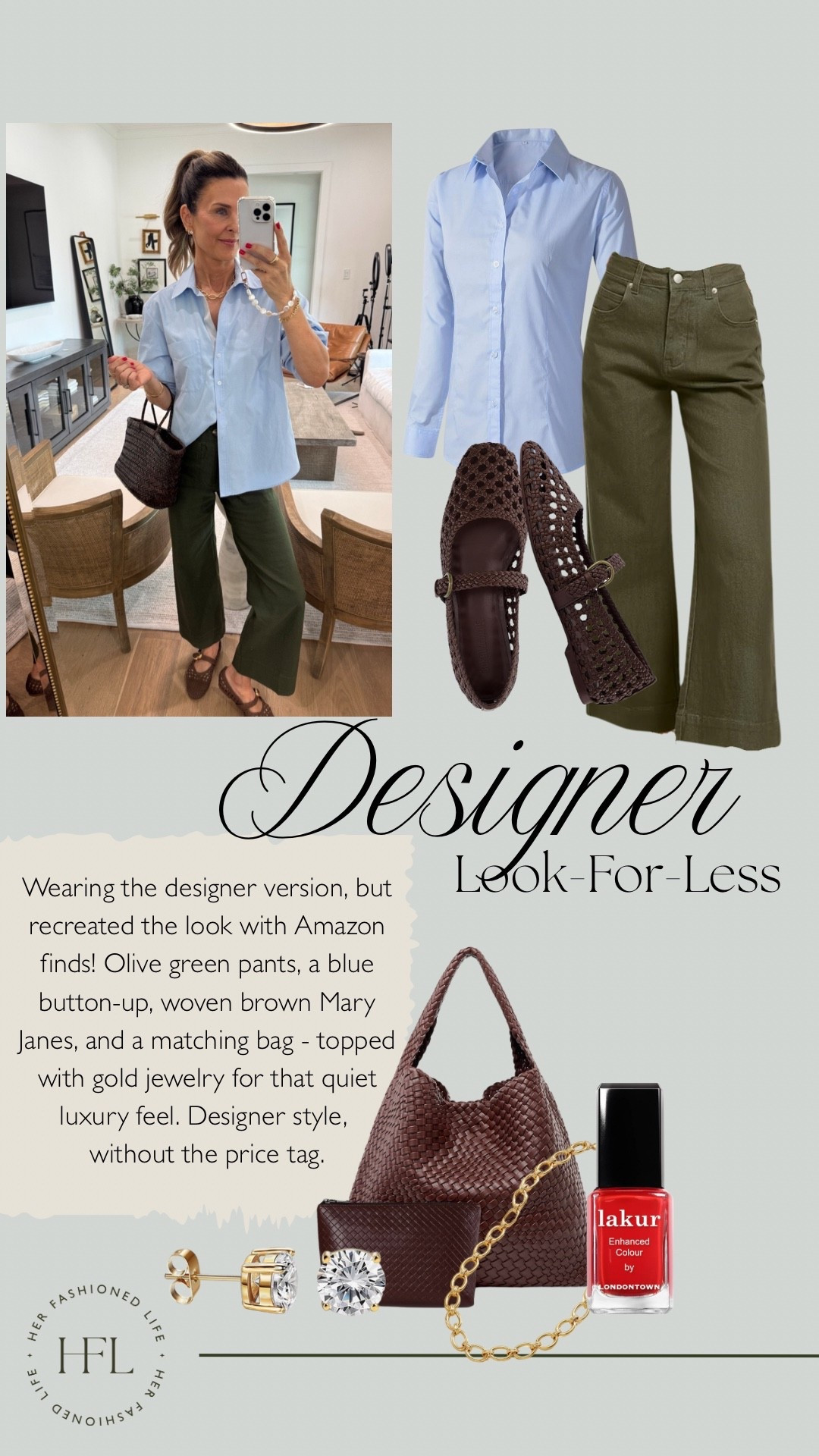 Designer Look for Less ✨ #OutfitOfTheDay #Amazon #Pants #MaryJanes #BlueButtonUp #NailPolish #SummerOutfit #Bag #Jewelry 