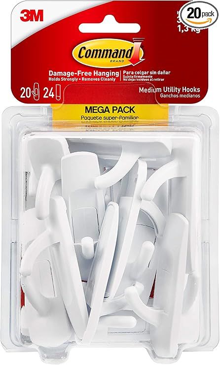 Command Medium Utility Hooks Mega Pack, White, 20-Hooks, 24-Strips, Organize Damage-Free | Amazon (US)