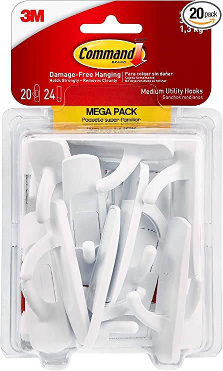 Command Medium Utility Hooks Mega Pack, White, 20-Hooks, 24-Strips, Organize Damage-Free | Amazon (US)
