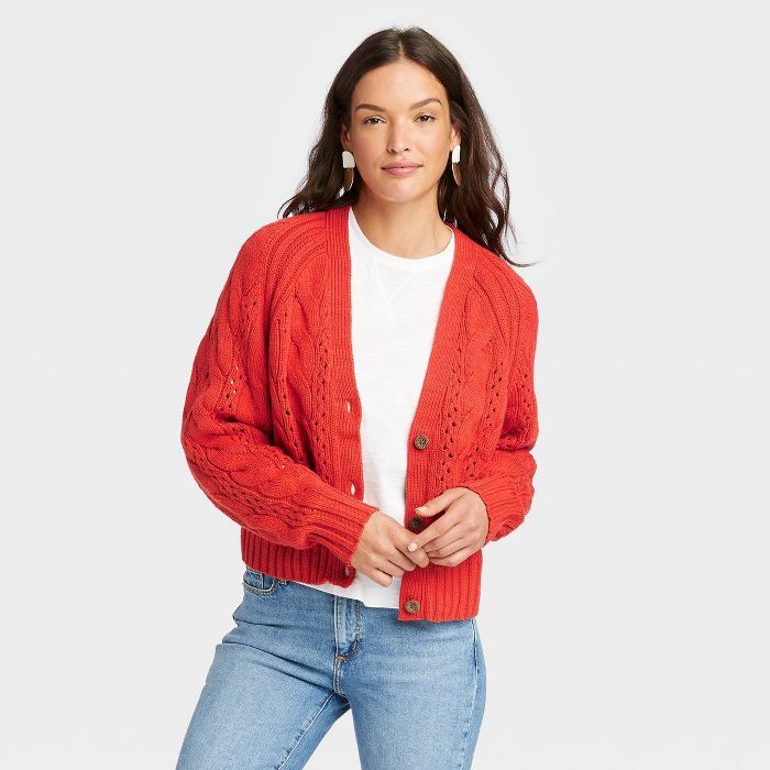 Women&#39;s Button-Front Cable Stitch Cardigan - Universal Thread&#8482; Red XS | Target