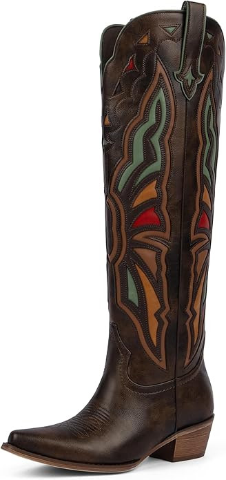 Modatope Cowboy Boots for Women Knee High Chunky Heel Butterfly Cowgirl Boots Wide Calf Pointed T... | Amazon (US)