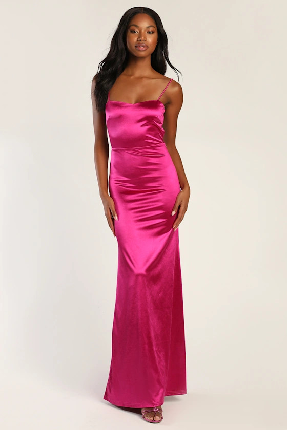 Perfect Elegance Fuchsia Satin Backless Ruched Maxi Dress | Lulus