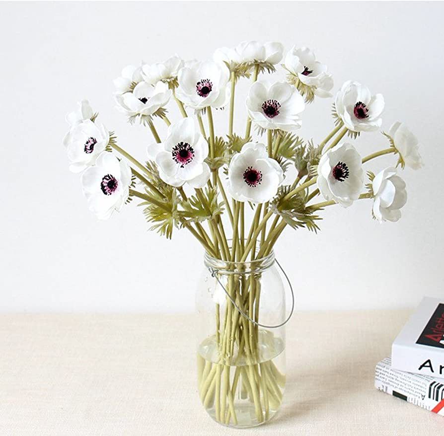 5Pcs Artifical Real Touch PU Anemone Flower Bouquet Room Home Decor (White) | Amazon (US)