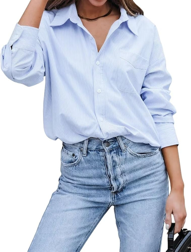 BONITEE Womens Fall Long Sleeve Button Down Shirts Casual V Neck Business Work Oversized Button U... | Amazon (US)