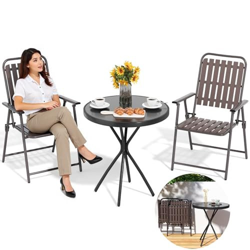 TQKVIPI 3 Piece Patio Bistro Set Folding Outdoor Dining Set for 2, Bistro Table and Chairs Set of 2 No Assembly Anti Rust Small Outdoor Bistro Sets for Lawn Backyard Balcony Poolside Deck (Brown) | Amazon (US)
