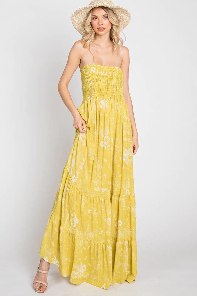 Yellow Floral Paisley Smocked Strapless Maxi Dress | PinkBlush Maternity