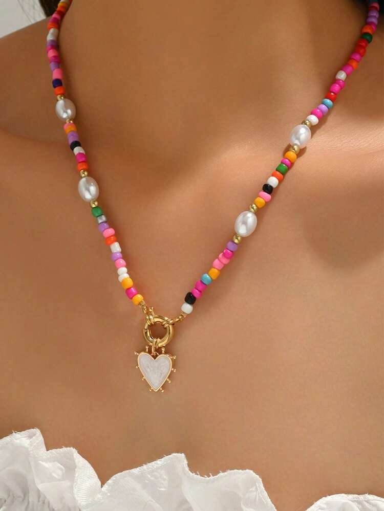 European & American Handmade Colorful Bead & Simulated Pearl Heart Pendant Necklace, Women's Beach Party Accessory | SHEIN