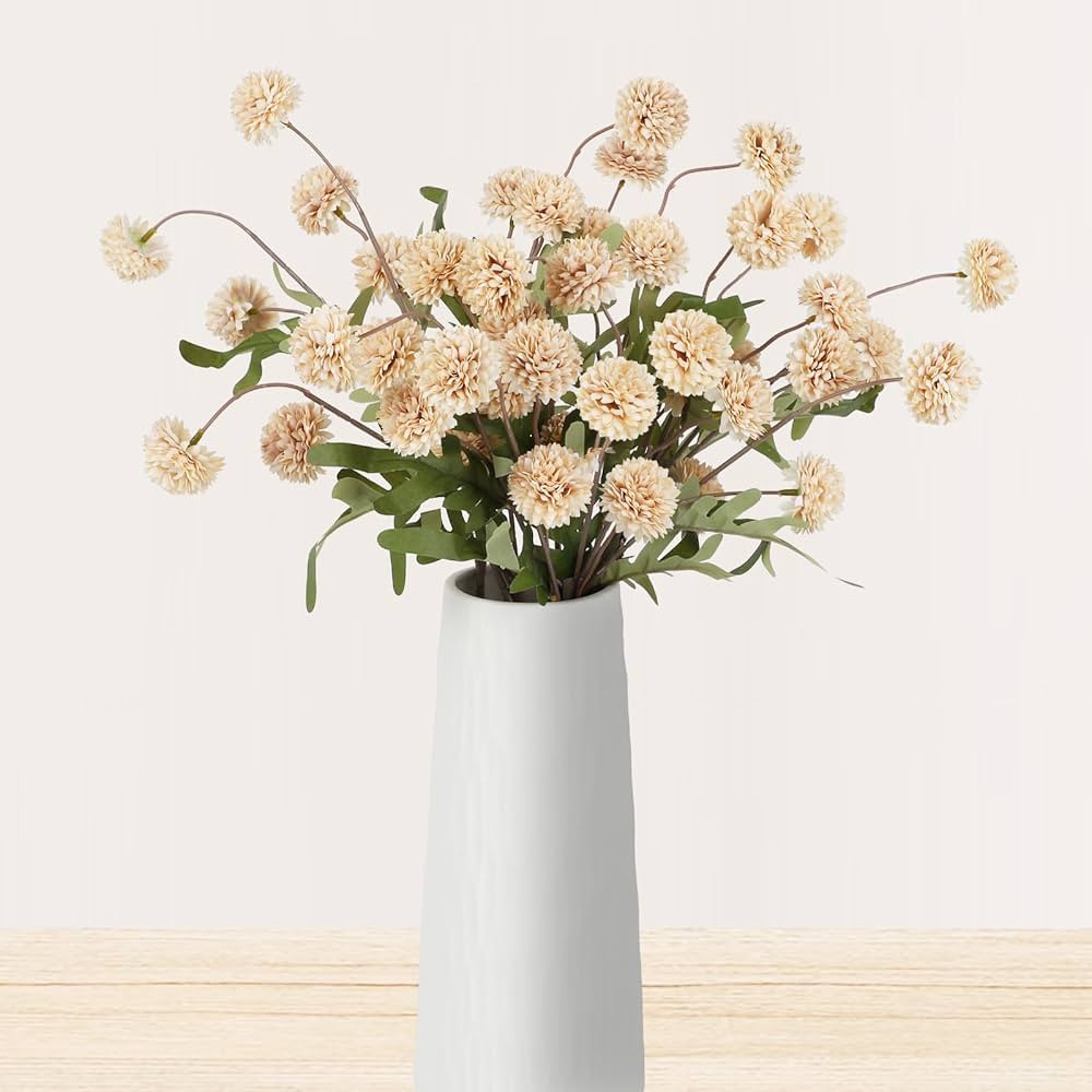 Beige Pompon Mums Artificial Flowers, 8pcs Stems Faux Silk Mini Chrysanth, Bulk Fake Wedding Fill... | Amazon (US)