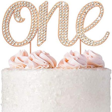 One Cake Topper - Premium Rose Gold Metal - 1st Birthday Party Sparkly Rhinestone Decoration Make... | Amazon (US)