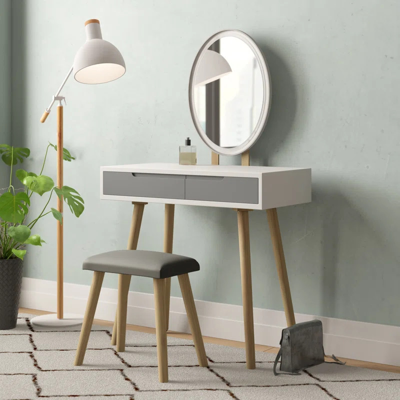 Angeligue Vanity Table Set with Adjustable Brightness Mirror and Cushioned Stool | Wayfair North America