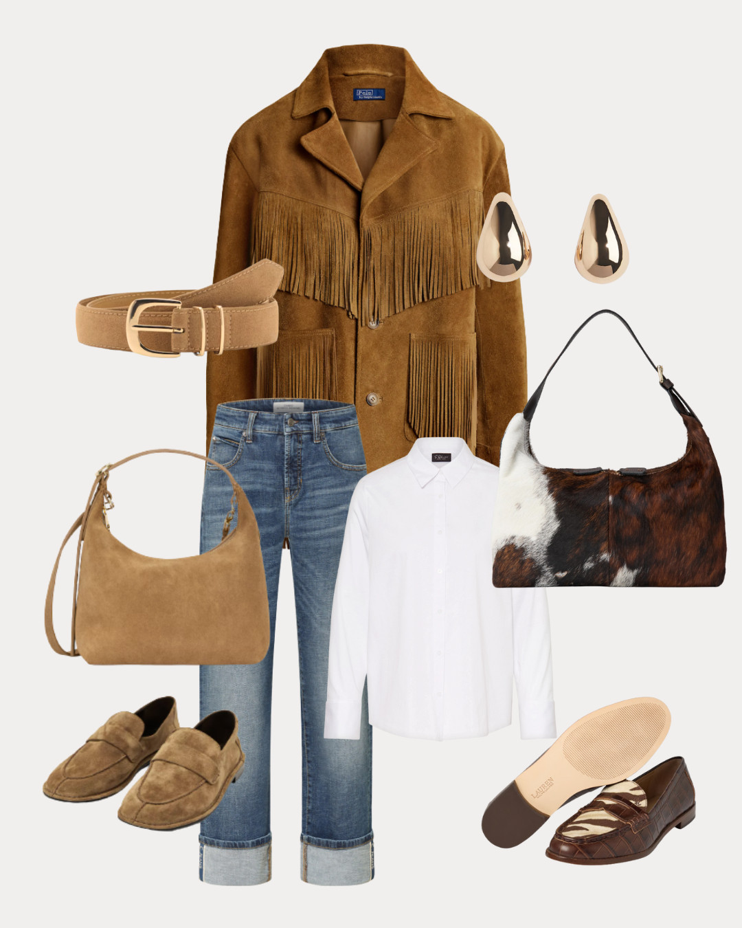 Lederjacke aus Wildleder mit Fransen von Ralph Lauren kombiniert mit Accessoires mit Animal Print - Tasche  mit Kuh Print 

 #LTKstyletip #LTKbag #LTKautumn