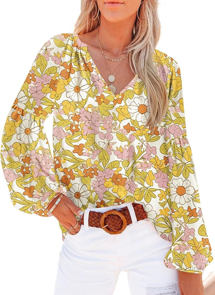 SHEWIN Women's Casual Boho Floral Print V Neck Long Sleeve Loose Blouses Shirts Tops | Amazon (US)