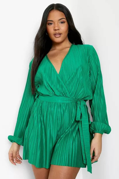 Plus Plisse Wrap Belted Romper | Boohoo.com (US & CA)