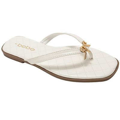 bebe Women’s Flat Sandals – Cute Summer Sandals for Women, Stylish Beach Shoes and Flats with Ribbon, White - 6 | Target