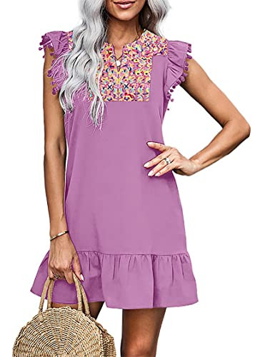 KIRUNDO Women's 2024 Summer Mini Dress Casual V Neck Floral Embroidered Ruffle Sleeveless Shift D... | Amazon (US)