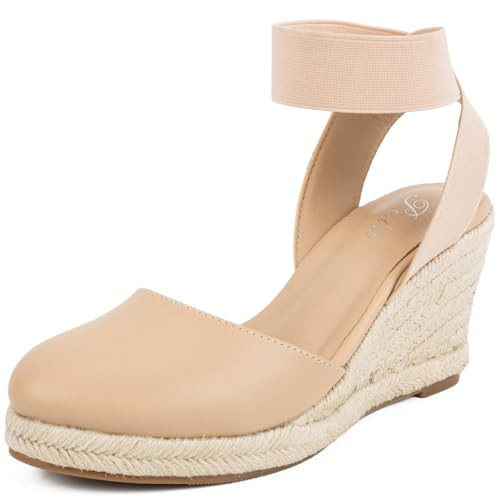 Putu Espadrilles Wedges for Women Closed Toe Wedge Sandals Elastic Ankle Strap Wedge Shoes Nude Size 10 | Amazon (US)