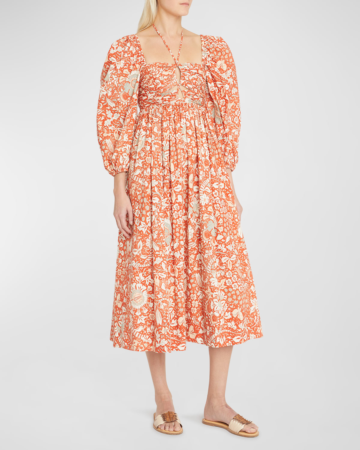 Alessa Puff-Sleeve Floral Poplin Cutout Midi Dress | Neiman Marcus